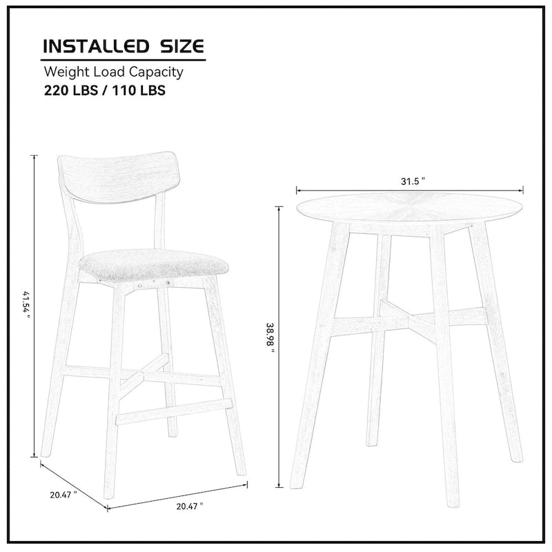 Modern 3-Piece Dining Set with Round Wood Table and 2 Solid Wood Upholstered Bar Stools for Dining Room Bar and Living Room