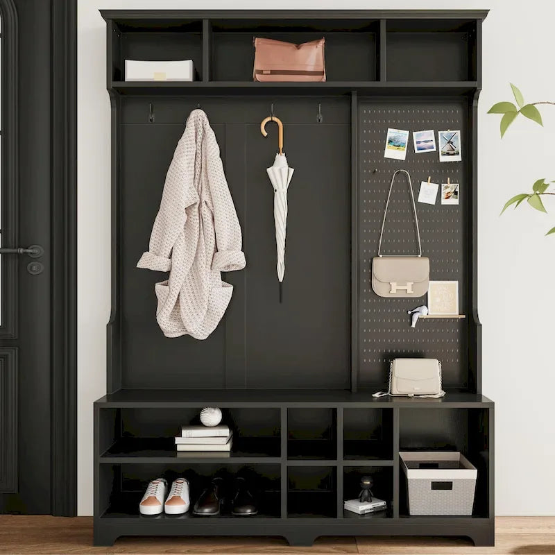 Modern Style Coat Rack with Shoe Bench, Shoe Storage, Storage Shelves and Pegboard, for Entrance and Hallway, Living Room
