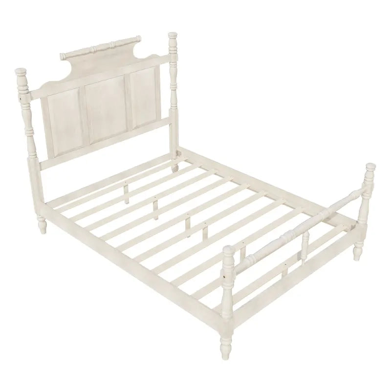 Vintage Country Style Wood Queen Size Four Poster Platform Bed with 56.9 High Crown-like Headboard, No Box Spring Needed