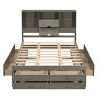 Queen Size Platform Bed with Storage Headboard and 8 Drawers, Gray