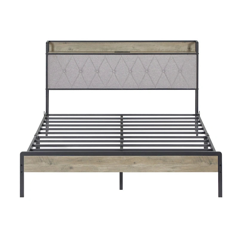 Grey & Queen Bed with Charging Station