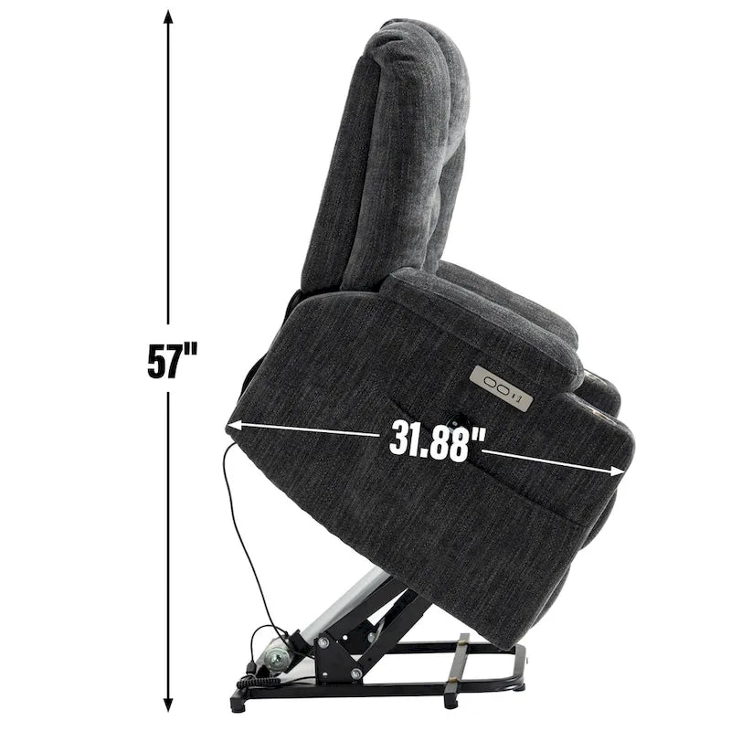 Grey Spacious Power Lift Recliner with Massage, Heat, Dual USB Ports, Type C Charging, and Cup Holders