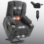 Grey Spacious Power Lift Recliner with Massage, Heat, Dual USB Ports, Type C Charging, and Cup Holders