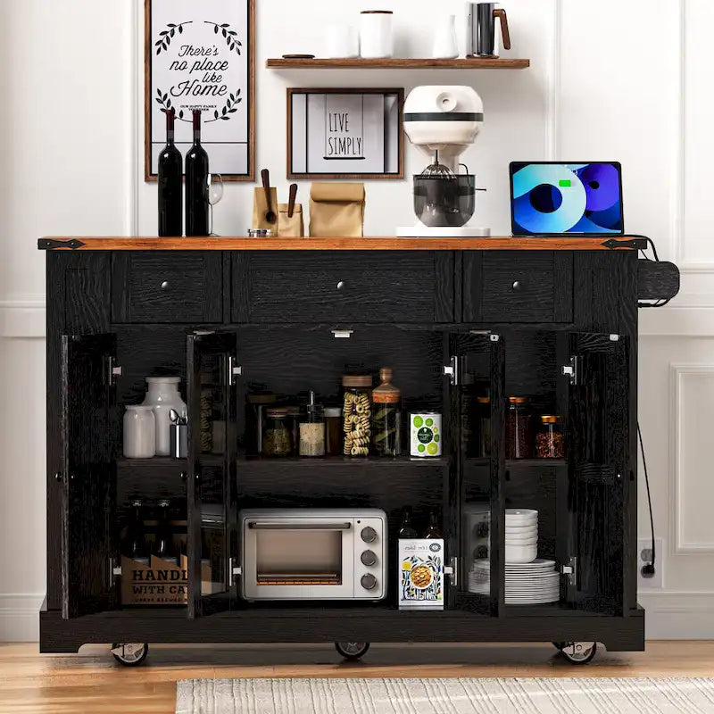 Kitchen Island on Lockable Wheels with Drop Leaf, Moveable Island Table with 2 Tempered Glass Doors, Power Outlet & 5 Open Racks