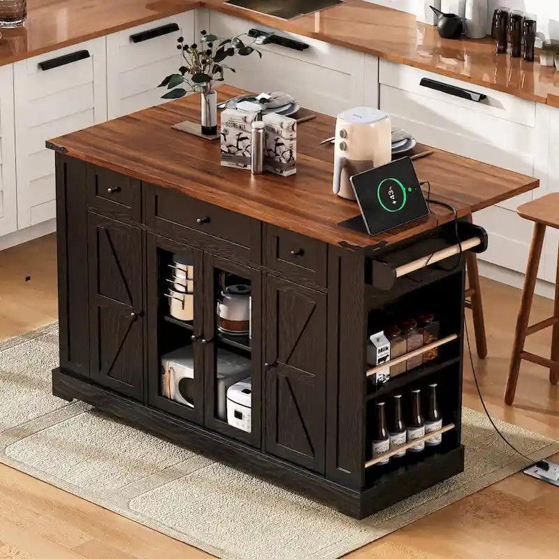 Kitchen Island on Lockable Wheels with Drop Leaf, Moveable Island Table with 2 Tempered Glass Doors, Power Outlet & 5 Open Racks