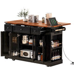 Kitchen Island on Lockable Wheels with Drop Leaf, Moveable Island Table with 2 Tempered Glass Doors, Power Outlet & 5 Open Racks