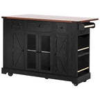 Kitchen Island on Lockable Wheels with Drop Leaf, Moveable Island Table with 2 Tempered Glass Doors, Power Outlet & 5 Open Racks