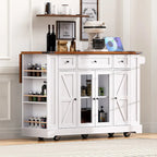 Kitchen Island on Lockable Wheels with Drop Leaf, Moveable Island Table with 2 Tempered Glass Doors, Power Outlet & 5 Open Racks
