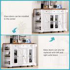 Kitchen Island on Lockable Wheels with Drop Leaf, Moveable Island Table with 2 Tempered Glass Doors, Power Outlet & 5 Open Racks