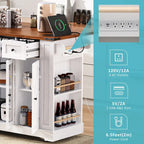 Kitchen Island on Lockable Wheels with Drop Leaf, Moveable Island Table with 2 Tempered Glass Doors, Power Outlet & 5 Open Racks