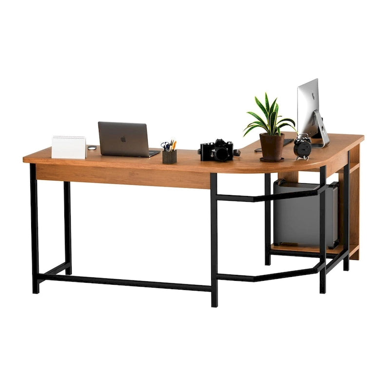 Modern L-Shaped Gaming PC Desk with Wood and Black Frame for Home Office Study