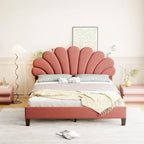 Upholstered Platform Bed with Flower Pattern Headboard