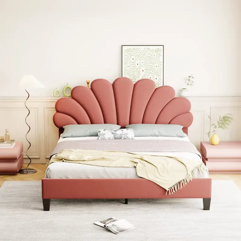 Upholstered Platform Bed with Flower Pattern Headboard