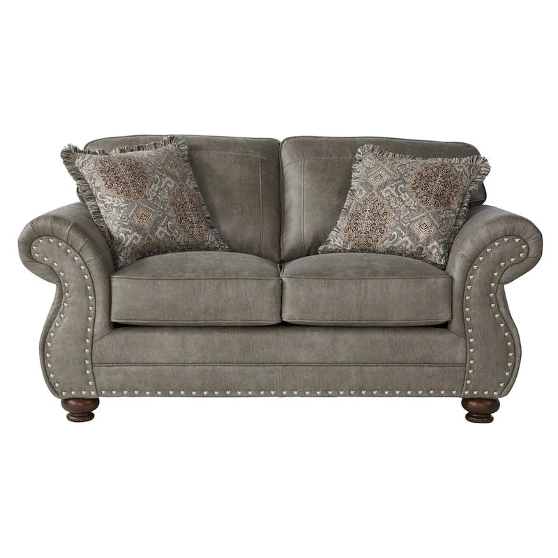  Leinster Stone Grey Faux Leather-upholstered Nailhead Loveseat
