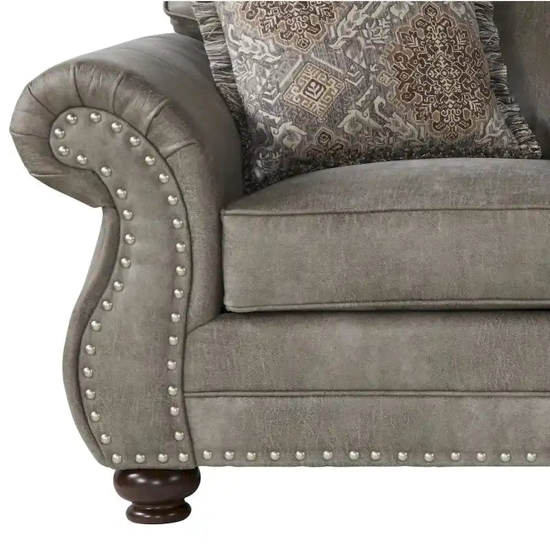 Leinster Stone Grey Faux Leather-upholstered Nailhead Loveseat