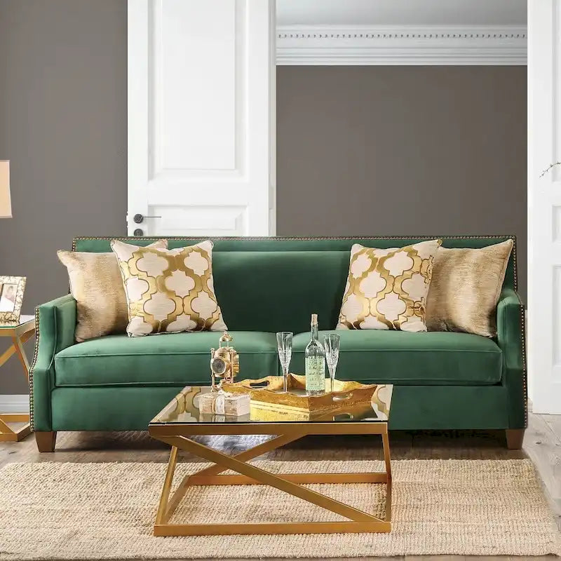 Yaur Transitional Green Fabric Upholstered Nailhead Trim Sofa by