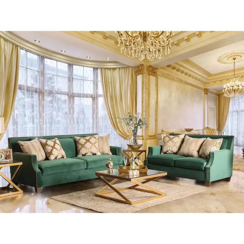 Yaur Transitional Green Fabric Upholstered Nailhead Trim Sofa by