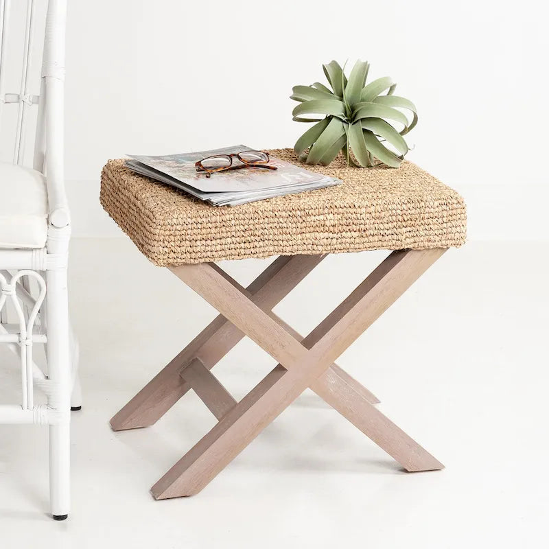 Handmade Natural Raffia And Wood Ottoman by 
