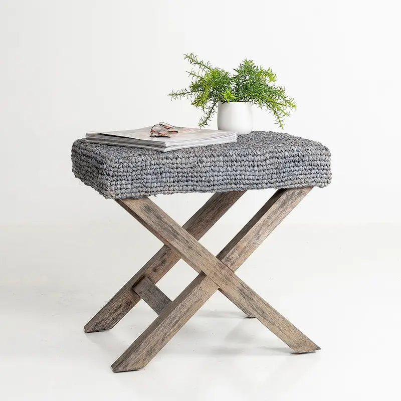 Handmade Natural Raffia And Wood Ottoman by