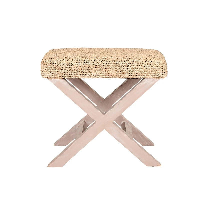 Handmade Natural Raffia And Wood Ottoman by