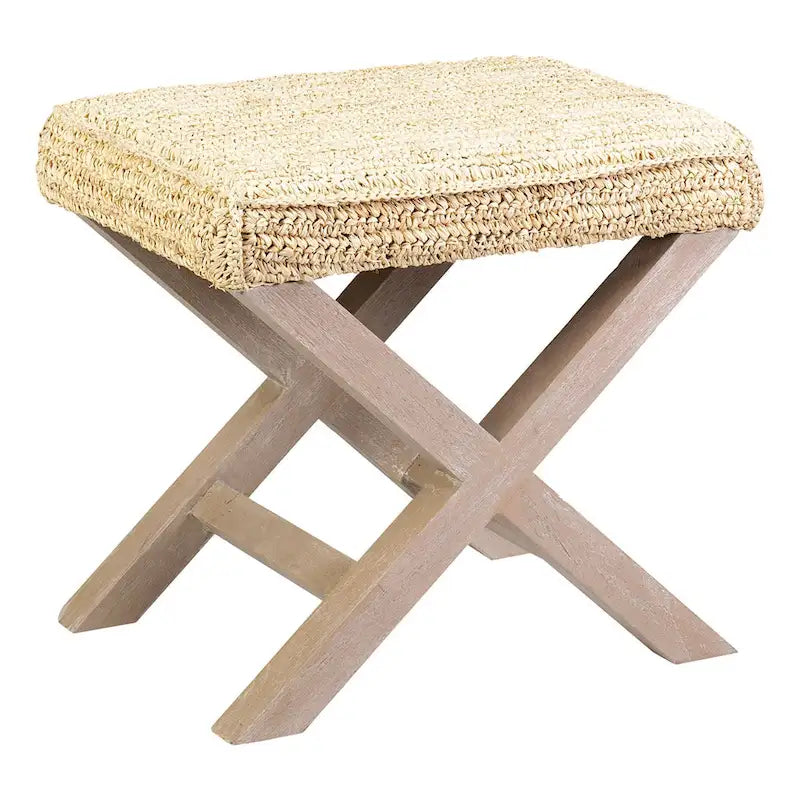 Handmade Natural Raffia And Wood Ottoman by