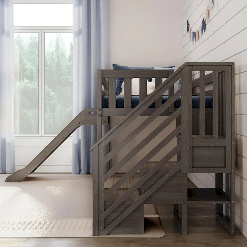 Classic Twin Low Loft with Stairs, Easy Slide and Curtain
