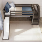 Classic Twin Low Loft with Stairs, Easy Slide and Curtain