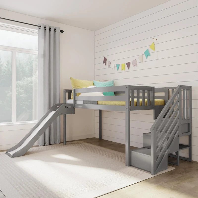 Classic Twin Low Loft with Stairs, Easy Slide and Curtain