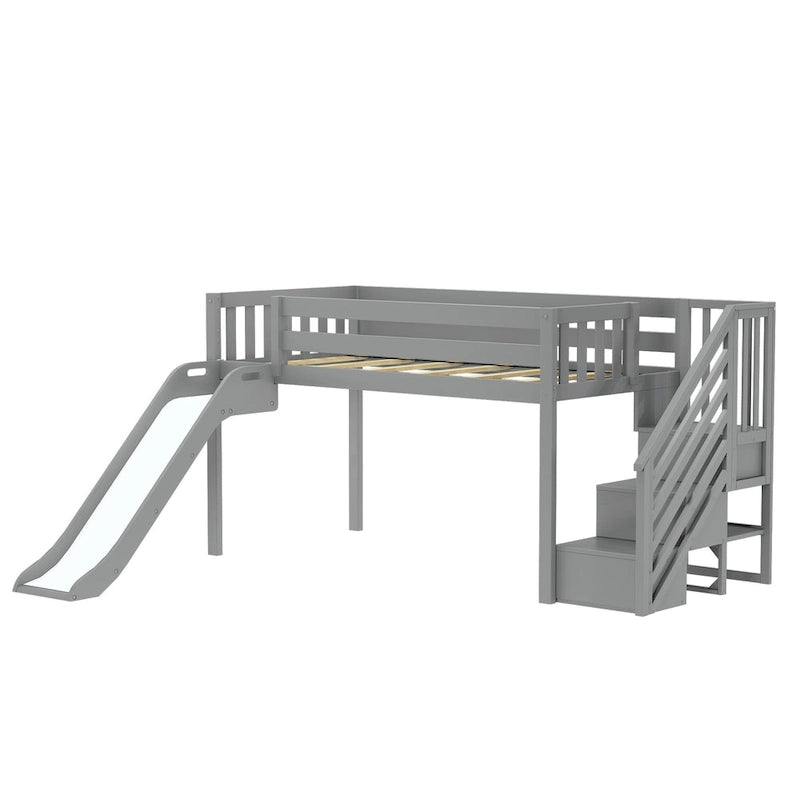 Classic Twin Low Loft with Stairs, Easy Slide and Curtain