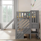 Classic Twin Low Loft with Stairs, Easy Slide and Curtain