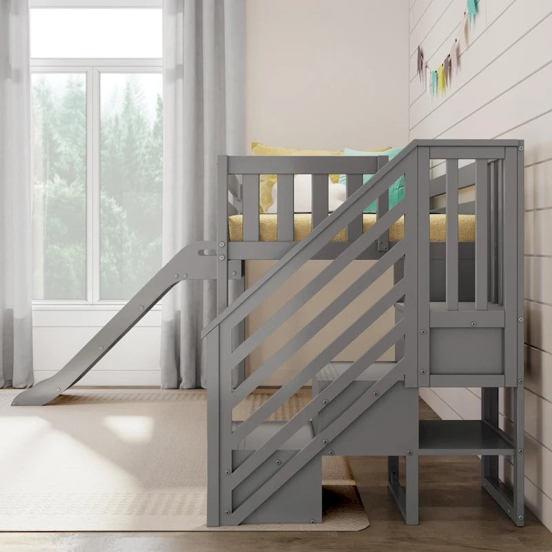 Classic Twin Low Loft with Stairs, Easy Slide and Curtain