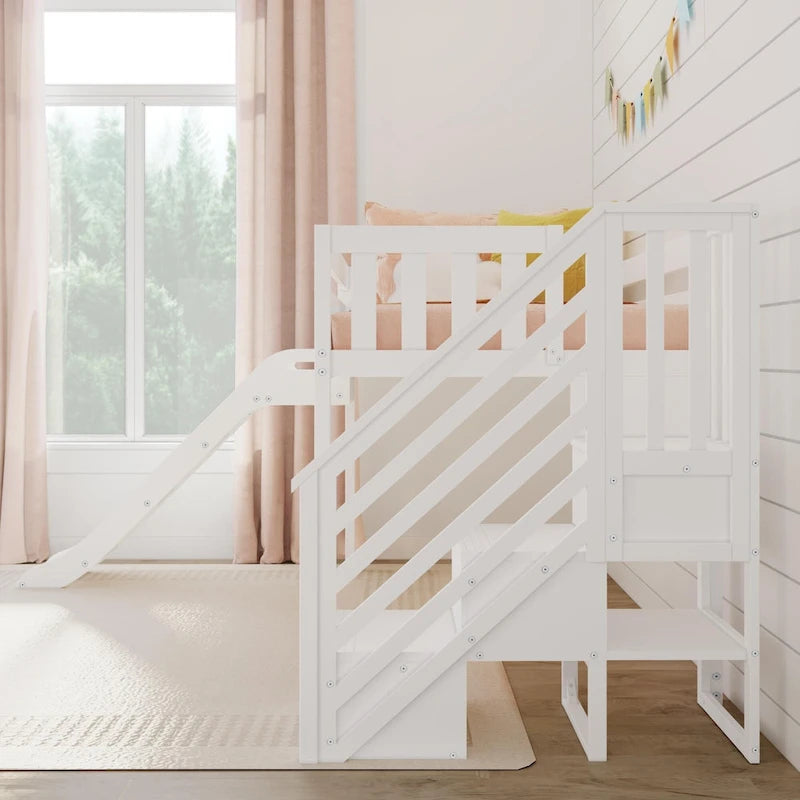 Classic Twin Low Loft with Stairs, Easy Slide and Curtain
