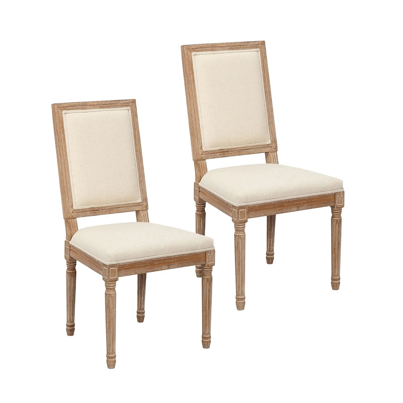 Mako Dining Chairs Set of 2, Rectangular Back, Linen Upholstery, Elm Wood Frame