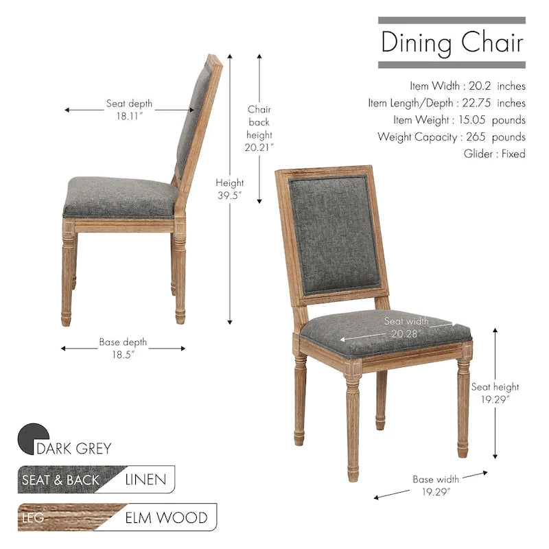 Mako Dining Chairs Set of 2, Rectangular Back, Linen Upholstery, Elm Wood Frame