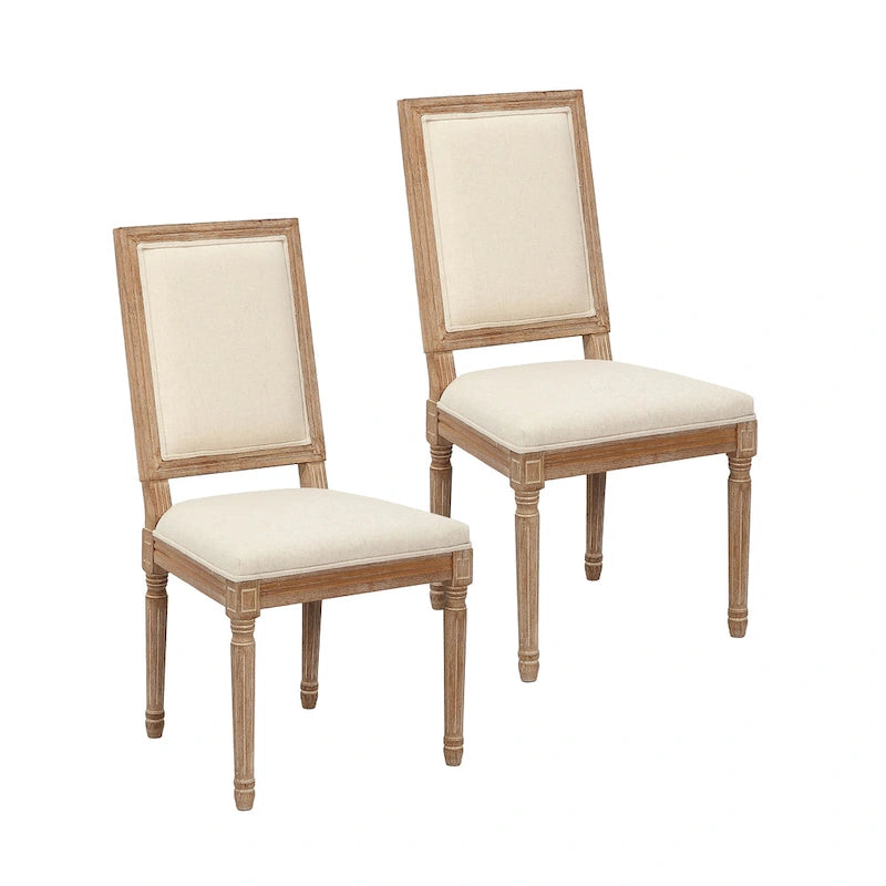 Mako Dining Chairs Set of 2, Rectangular Back, Linen Upholstery, Elm Wood Frame