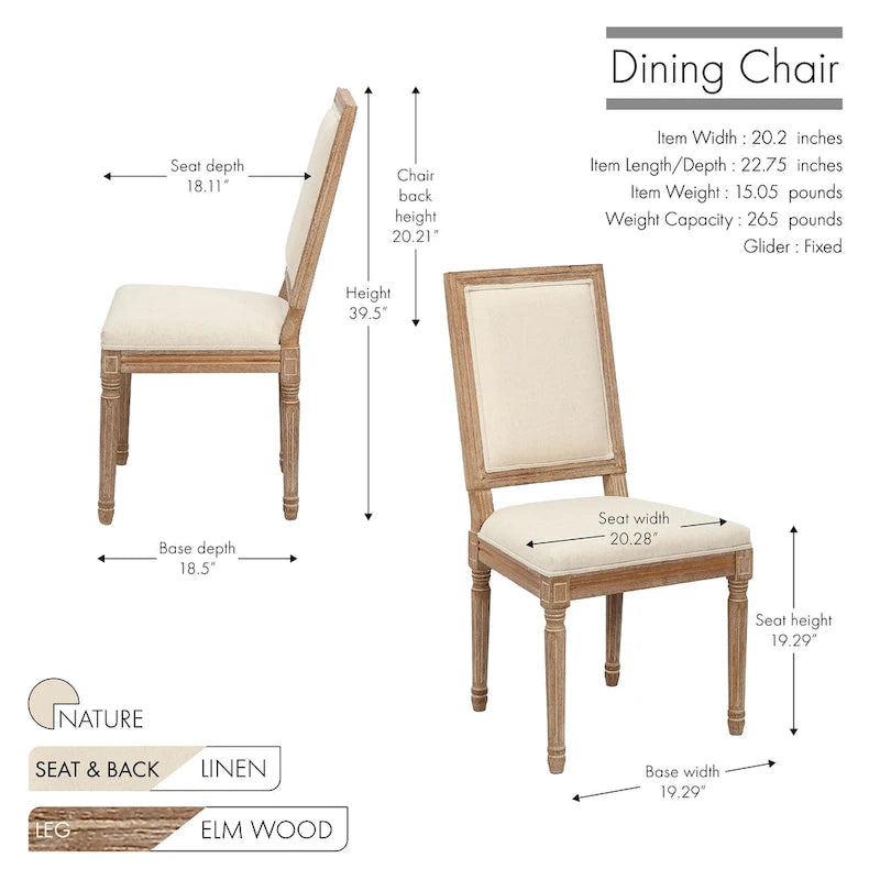Mako Dining Chairs Set of 2, Rectangular Back, Linen Upholstery, Elm Wood Frame