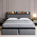 Bed Frame with RGB LED Lights Headboard & 2 Storage Drawers