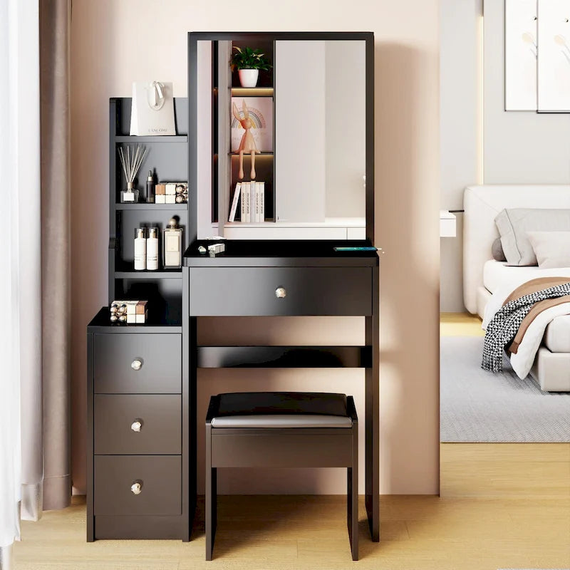 Makeup Vanity Desk Set with Sliding Mirror and Cushioned Stool