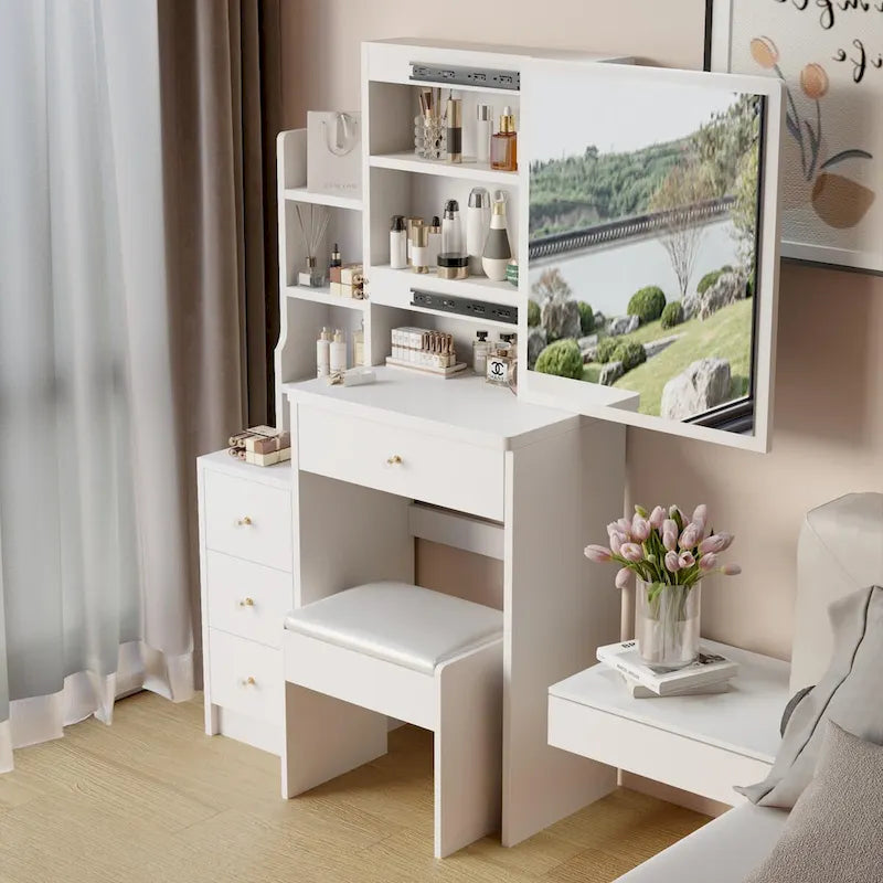 Makeup Vanity Desk Set with Sliding Mirror and Cushioned Stool