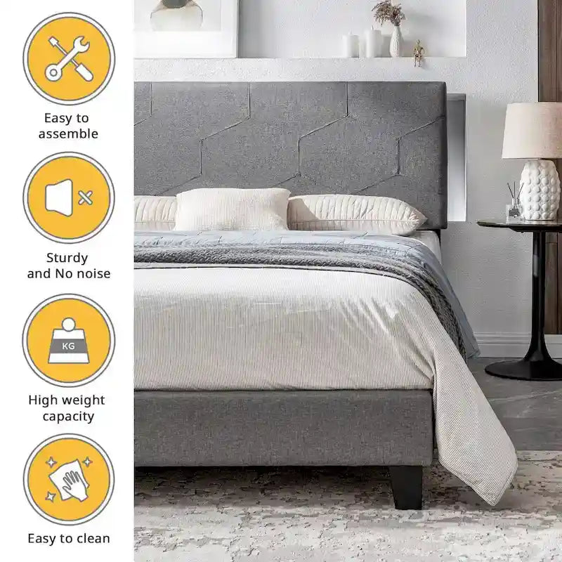 Queen Size Upholstered Platform Bed Frame,Wood Slat Support