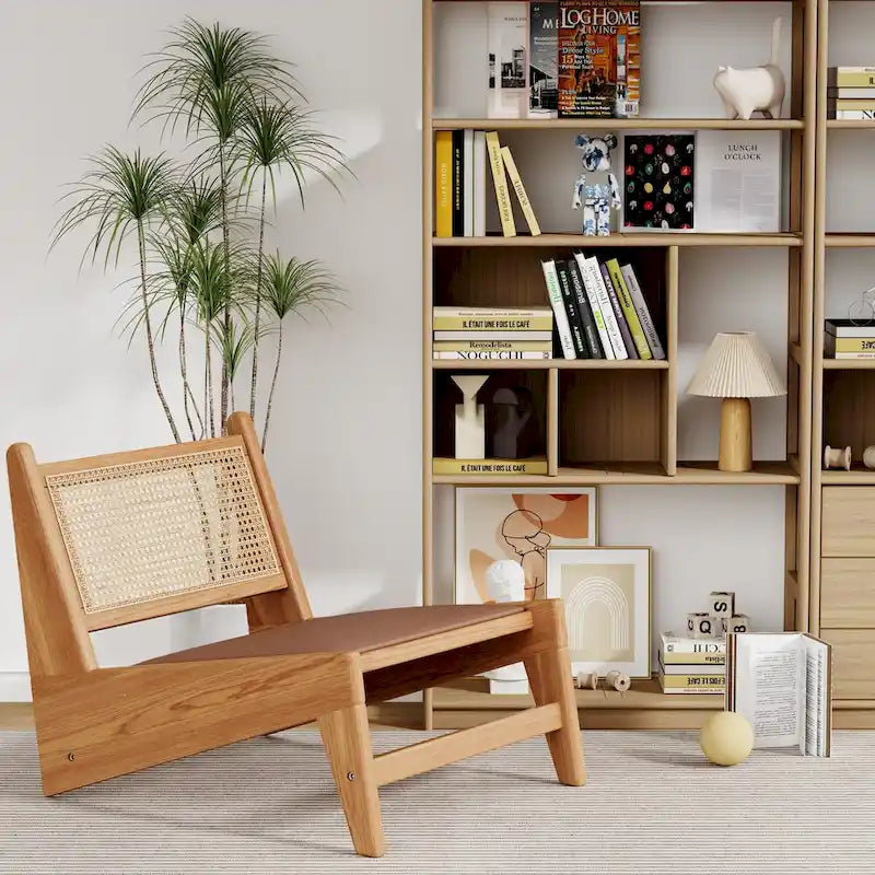 Rattan Chairs,Mid Century Modern Accent Chair Armless Reading Side Chair Living Room Chair Boho Chair with Wooden Frame