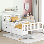 Full Size Wood Platform Bed with Guardrails on Both Sides and Two Storage Drawers