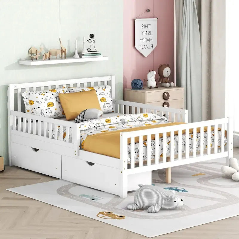 Full Size Wood Platform Bed with Guardrails on Both Sides and Two Storage Drawers